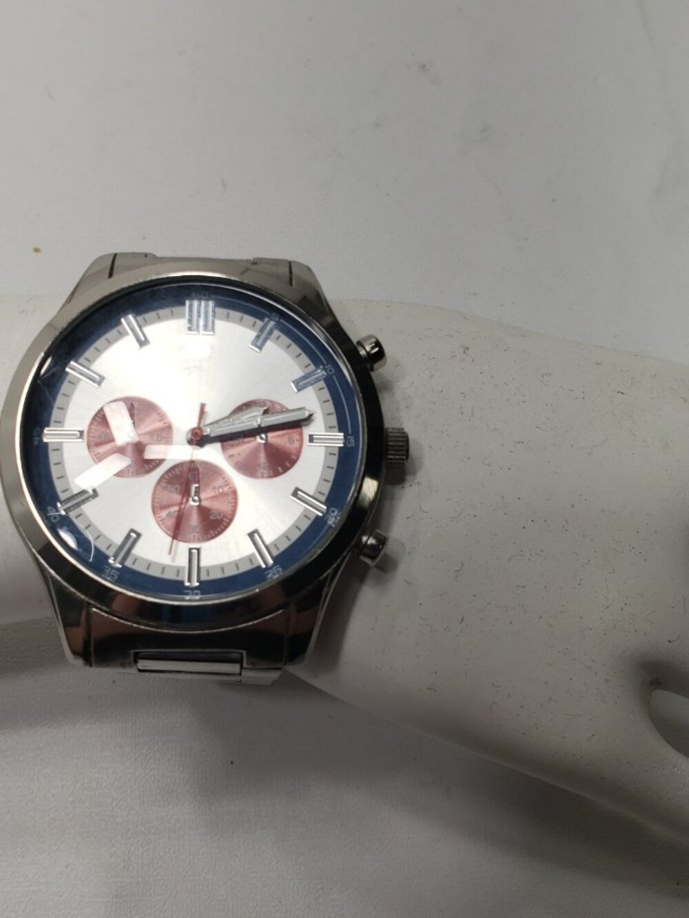 Men's Quartz Chronograph Watch PC21J7 Japan Movt Silver Dial Red Subdials